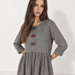 Grey Check Gingham Maxi Dress Long Sleeve Toggle Front