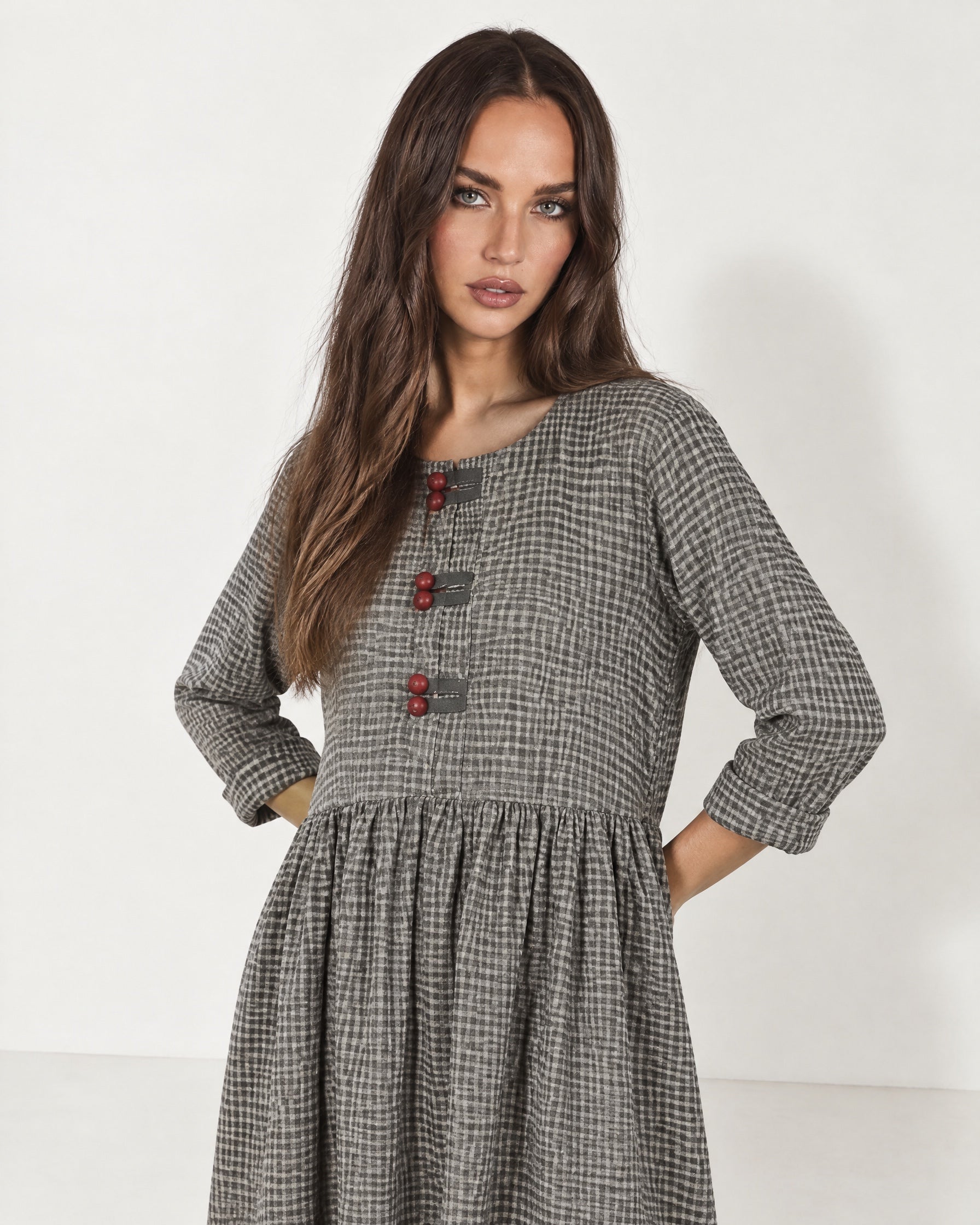 Grey Check Gingham Maxi Dress Long Sleeve Toggle Front