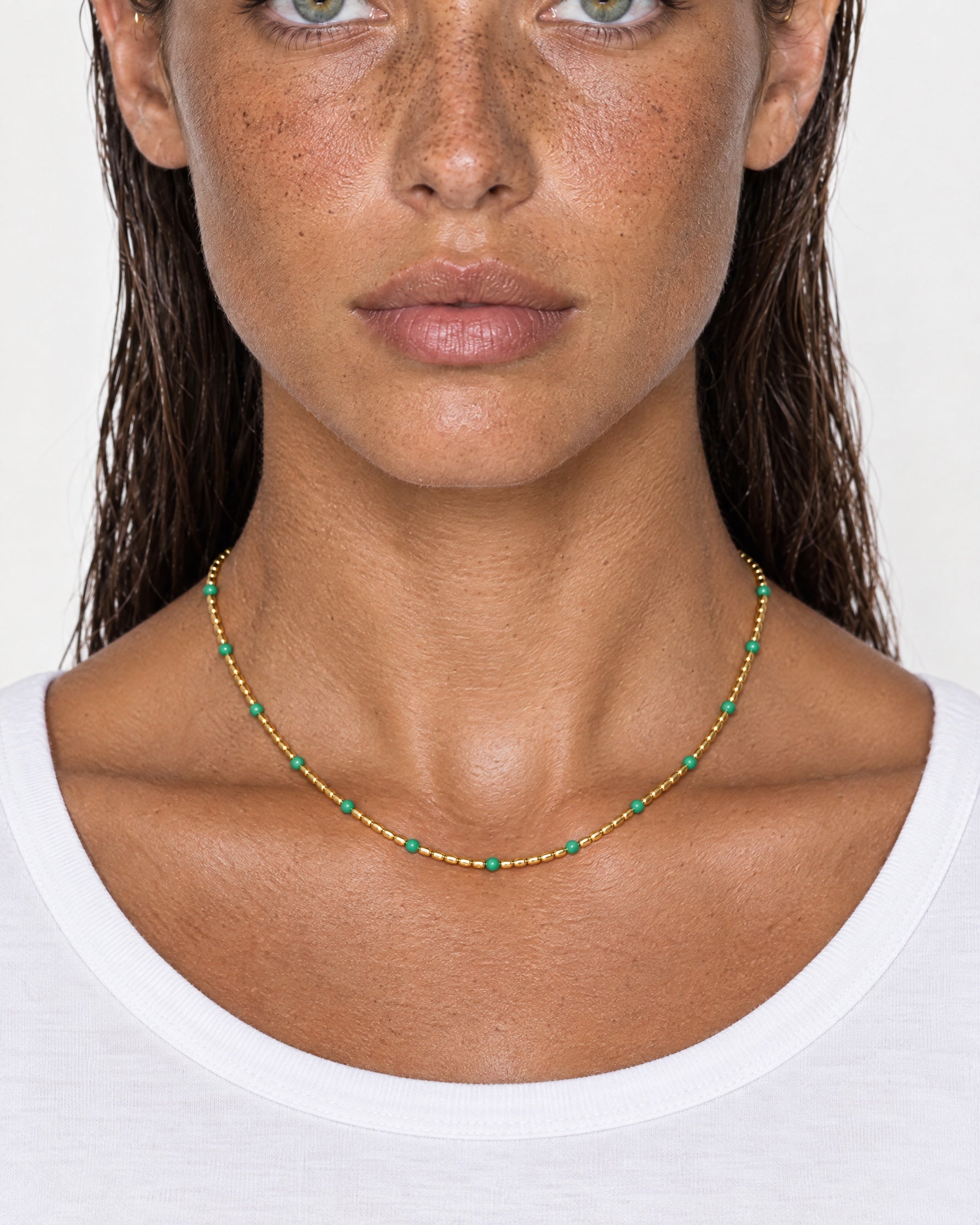 Beaded Chain Necklace Gold Tone Green Accent