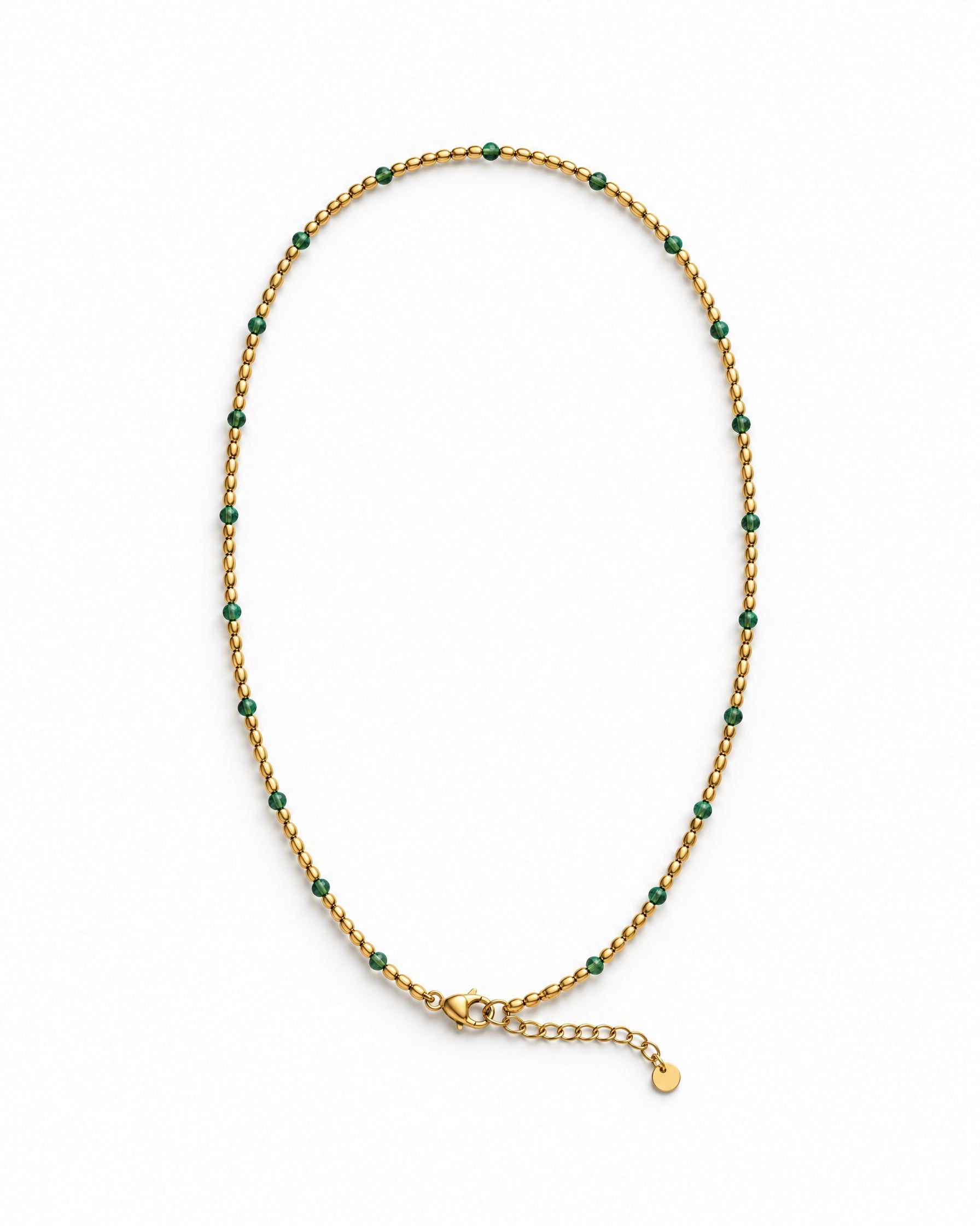 Beaded Chain Necklace Gold Tone Green Accent