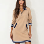 Beige Polo Dress Half Zip with Stripe Trim
