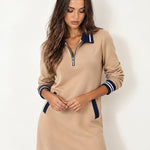 Beige Polo Dress Half Zip with Stripe Trim