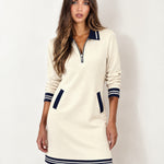 Cream Polo Dress Half Zip with Stripe Trim