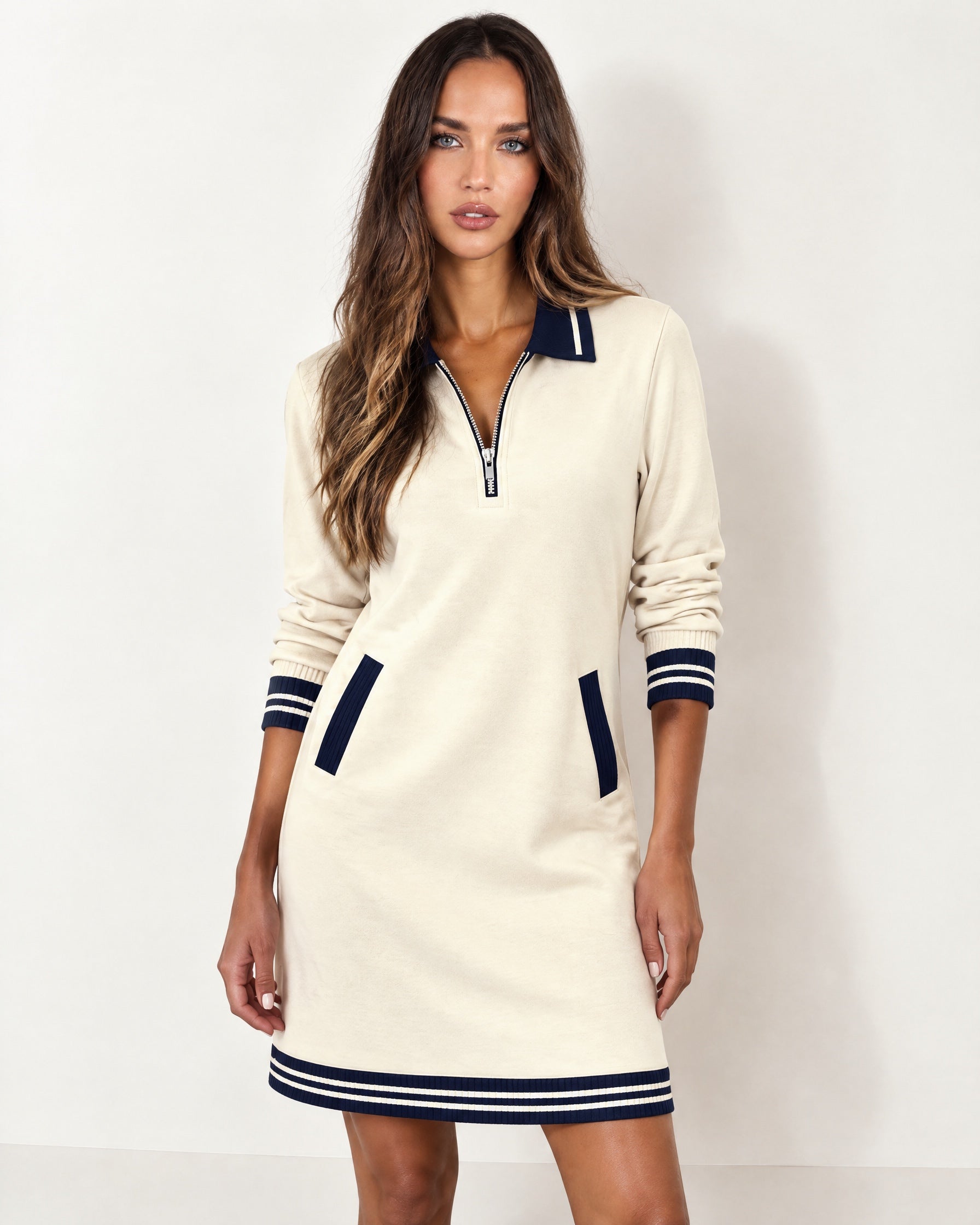 Cream Polo Dress Half Zip with Stripe Trim