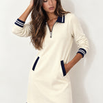Cream Polo Dress Half Zip with Stripe Trim