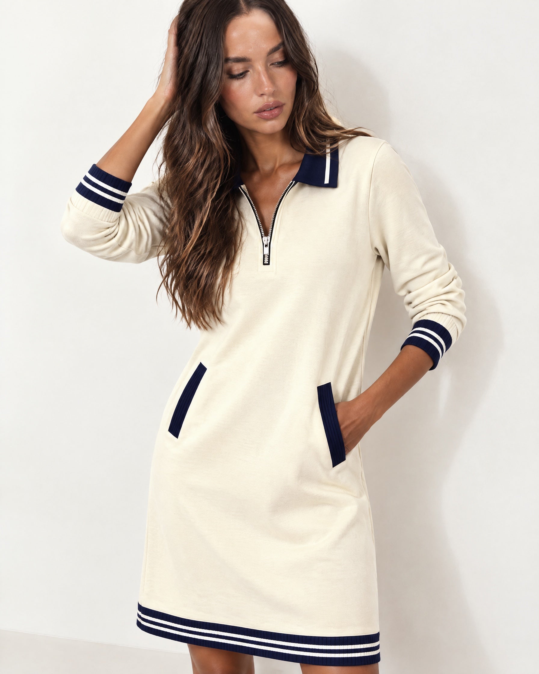 Cream Polo Dress Half Zip with Stripe Trim