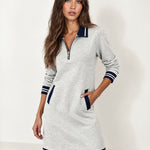 Grey Polo Dress Half Zip with Stripe Trim