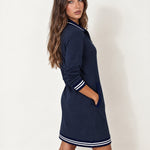 Navy Polo Dress Half Zip with Stripe Trim