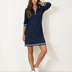 Navy Polo Dress Half Zip with Stripe Trim