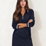 Navy Polo Dress Half Zip with Stripe Trim