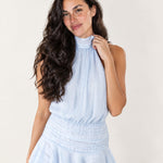 Blue Halter Mini Dress Pleated Ruffle Hem