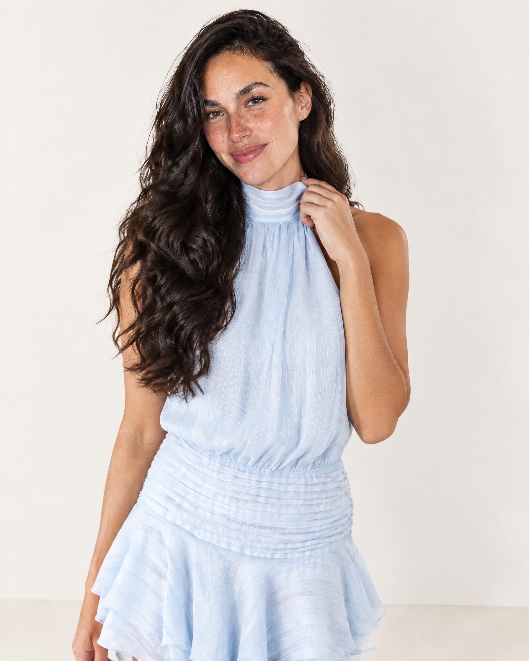 Blue Halter Mini Dress Pleated Ruffle Hem