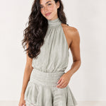 Grey Halter Mini Dress Pleated Ruffle Hem