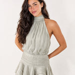 Grey Halter Mini Dress Pleated Ruffle Hem