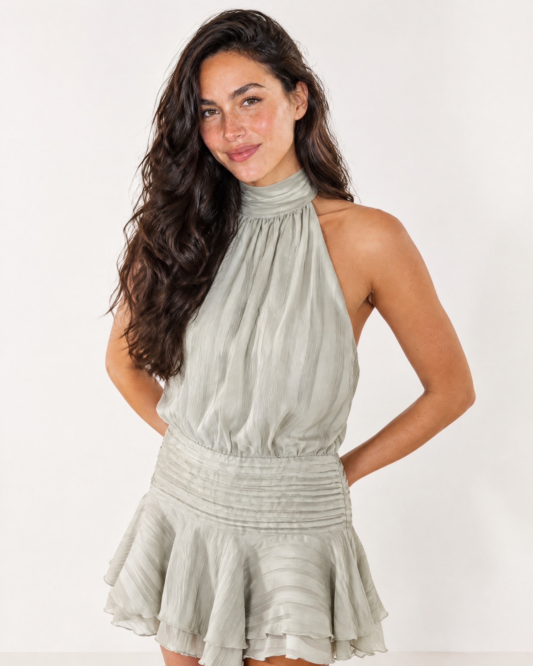 Grey Halter Mini Dress Pleated Ruffle Hem