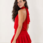 Red Halter Mini Dress Pleated Ruffle Hem
