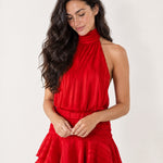 Red Halter Mini Dress Pleated Ruffle Hem