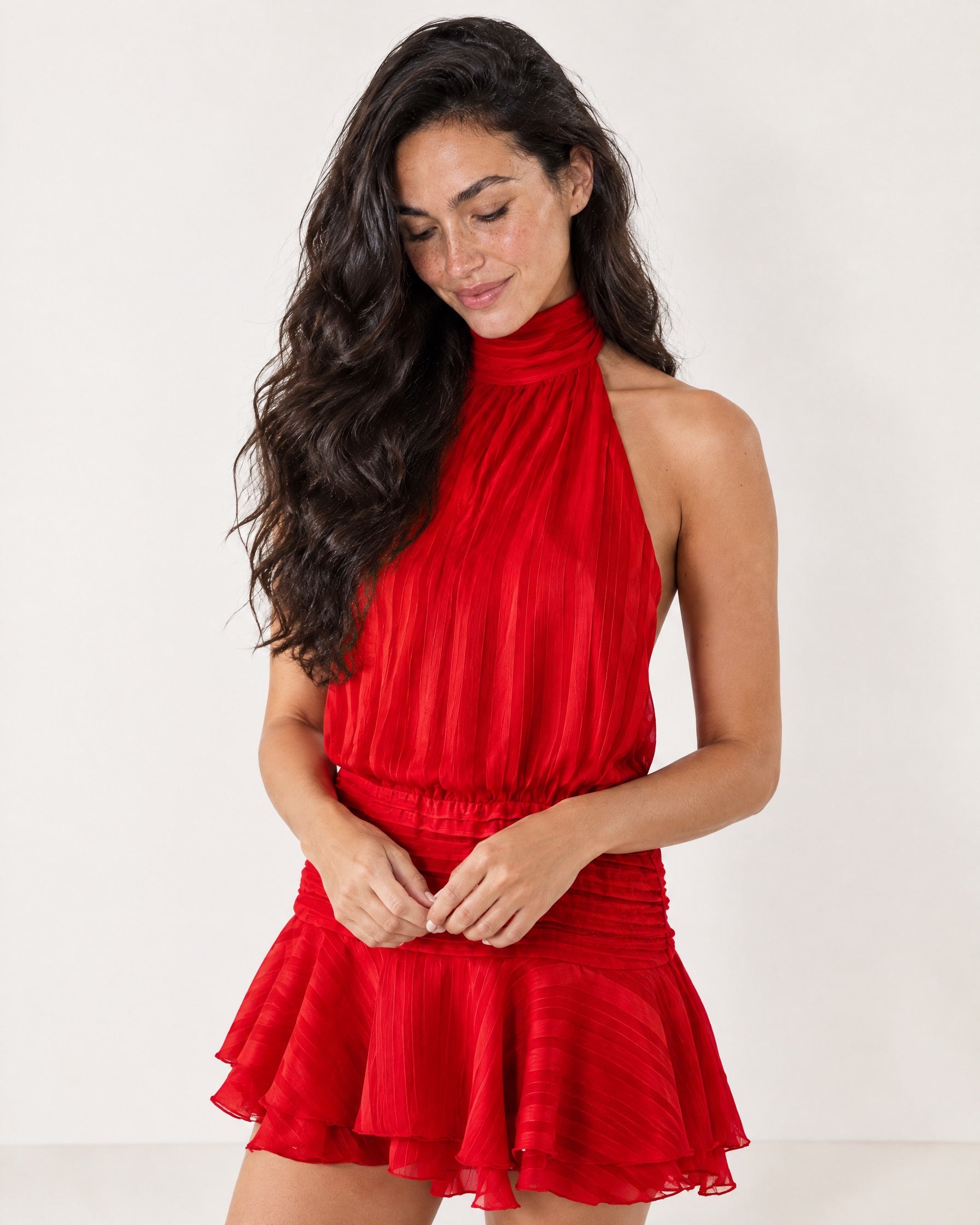 Red Halter Mini Dress Pleated Ruffle Hem