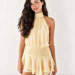 Yellow Halter Mini Dress Pleated Ruffle Hem