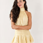 Yellow Halter Mini Dress Pleated Ruffle Hem