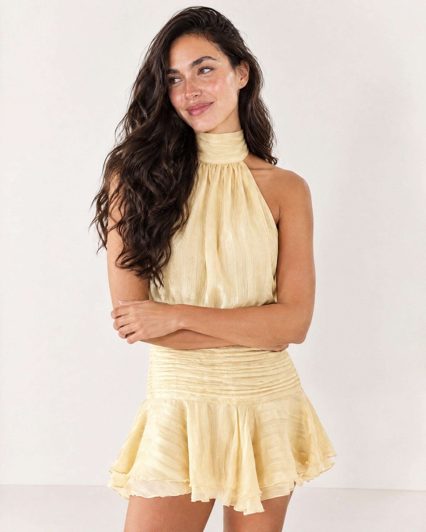 Yellow Halter Mini Dress Pleated Ruffle Hem
