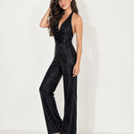Black Sequin Jumpsuit Halter Neck Wide Leg