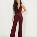 Burgundy Sequin Jumpsuit Halter Neck Wide Leg