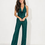 Green Sequin Jumpsuit Halter Neck Wide Leg