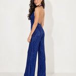 Royal Blue Sequin Jumpsuit Halter Neck Wide Leg