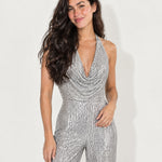 Silver Sequin Jumpsuit Halter Neck Wide Leg