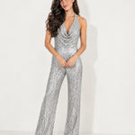 Silver Sequin Jumpsuit Halter Neck Wide Leg