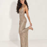 Gold Sequin Maxi Dress Halter Neck Open Back