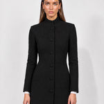 Black Tailored Coat High Neck Button Front Womens Coat with Stand Collar and Pockets