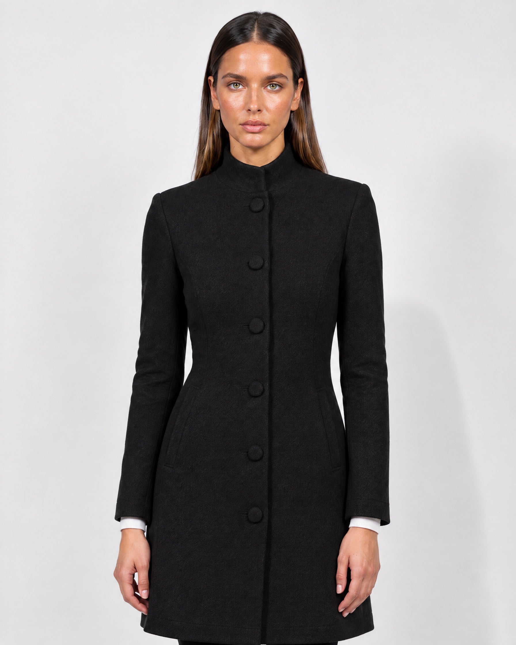 Black Tailored Coat High Neck Button Front Womens Coat with Stand Collar and Pockets