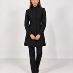 Black Tailored Coat High Neck Button Front Womens Coat with Stand Collar and Pockets