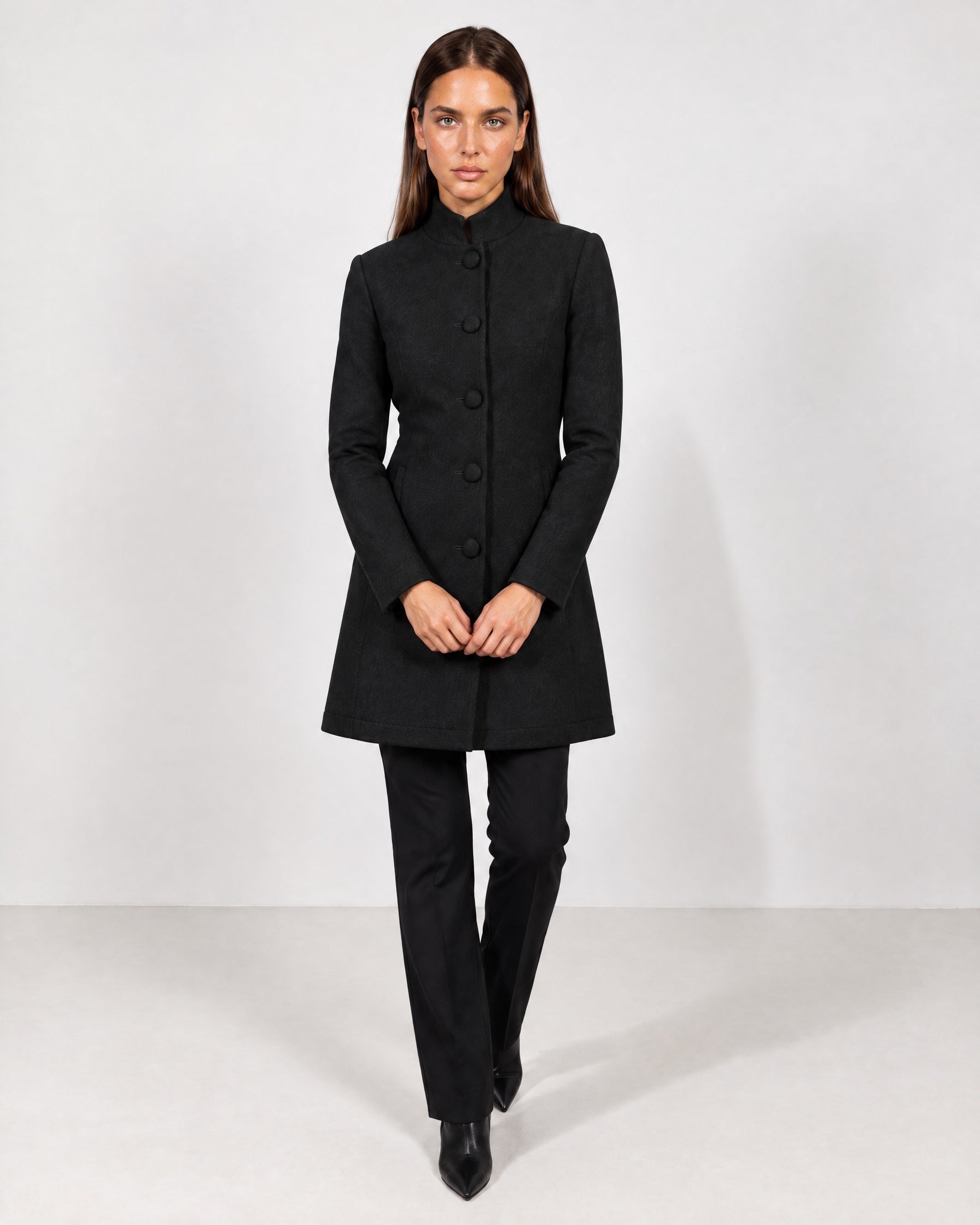 Black Tailored Coat High Neck Button Front Womens Coat with Stand Collar and Pockets