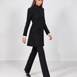 Black Tailored Coat High Neck Button Front Womens Coat with Stand Collar and Pockets
