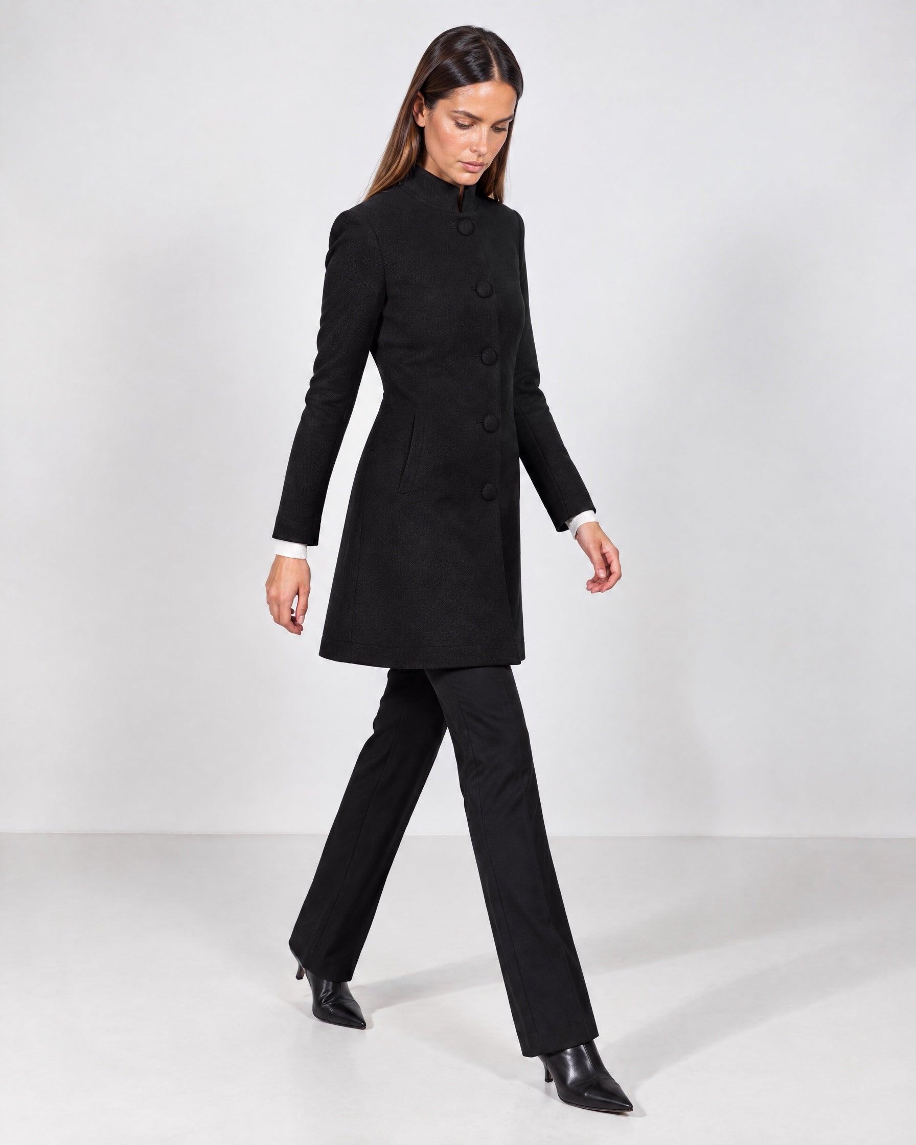 Black Tailored Coat High Neck Button Front Womens Coat with Stand Collar and Pockets