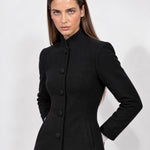 Black Tailored Coat High Neck Button Front Womens Coat with Stand Collar and Pockets