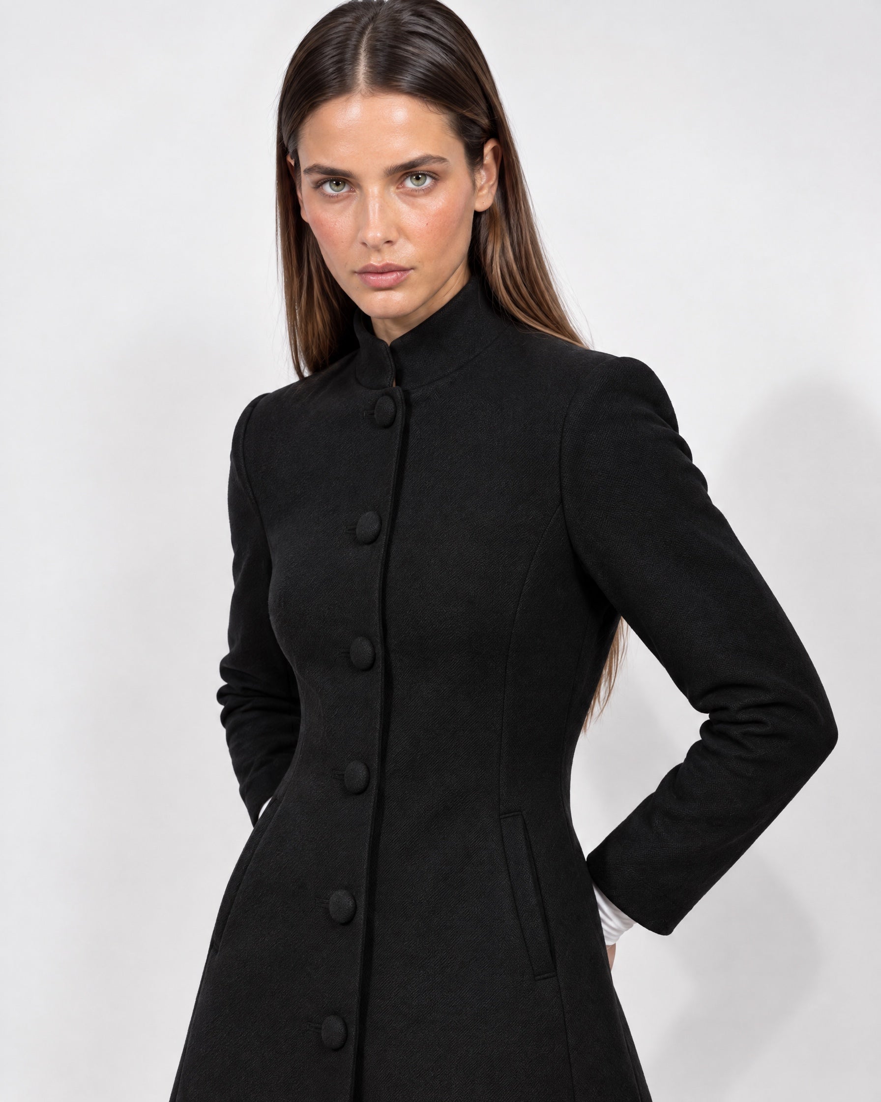 Black Tailored Coat High Neck Button Front Womens Coat with Stand Collar and Pockets