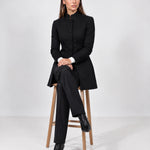 Black Tailored Coat High Neck Button Front Womens Coat with Stand Collar and Pockets
