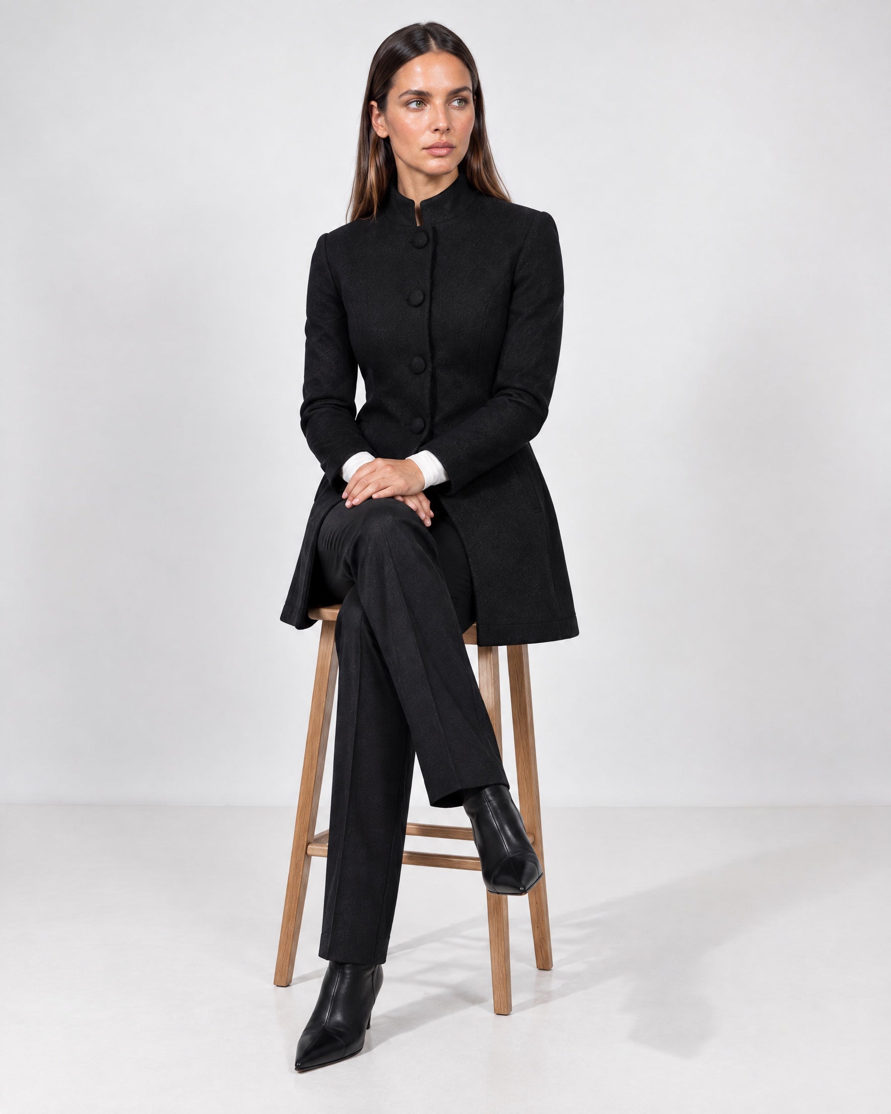 Black Tailored Coat High Neck Button Front Womens Coat with Stand Collar and Pockets