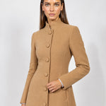 Camel Tailored Coat High Neck Button Front Womens Coat with Stand Collar and Pockets