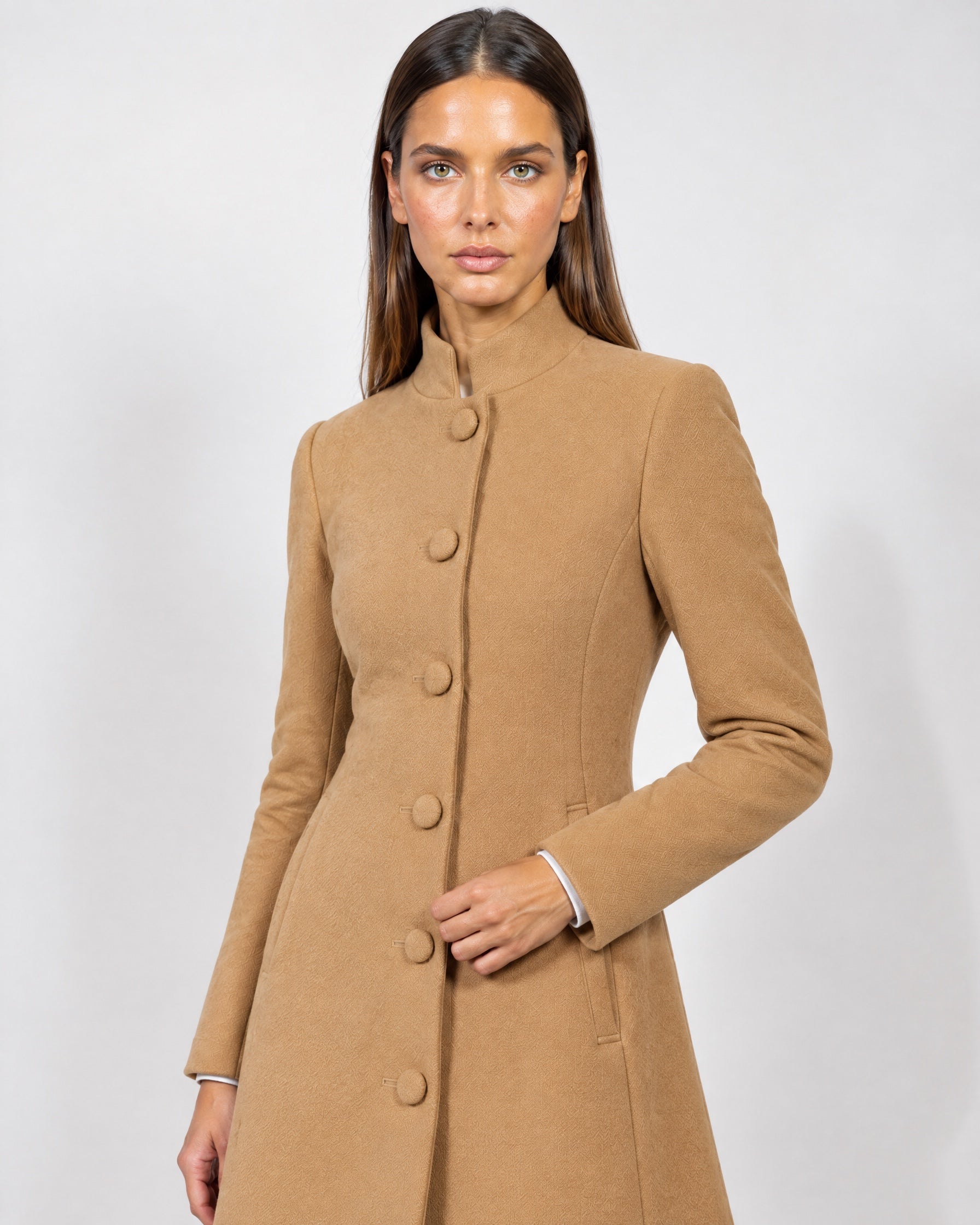 Camel Tailored Coat High Neck Button Front Womens Coat with Stand Collar and Pockets