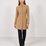 Camel Tailored Coat High Neck Button Front Womens Coat with Stand Collar and Pockets