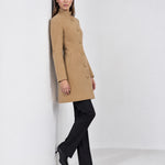Camel Tailored Coat High Neck Button Front Womens Coat with Stand Collar and Pockets