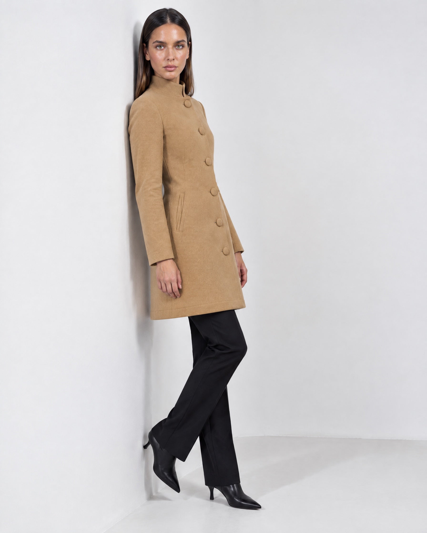 Camel Tailored Coat High Neck Button Front Womens Coat with Stand Collar and Pockets