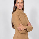 Camel Tailored Coat High Neck Button Front Womens Coat with Stand Collar and Pockets