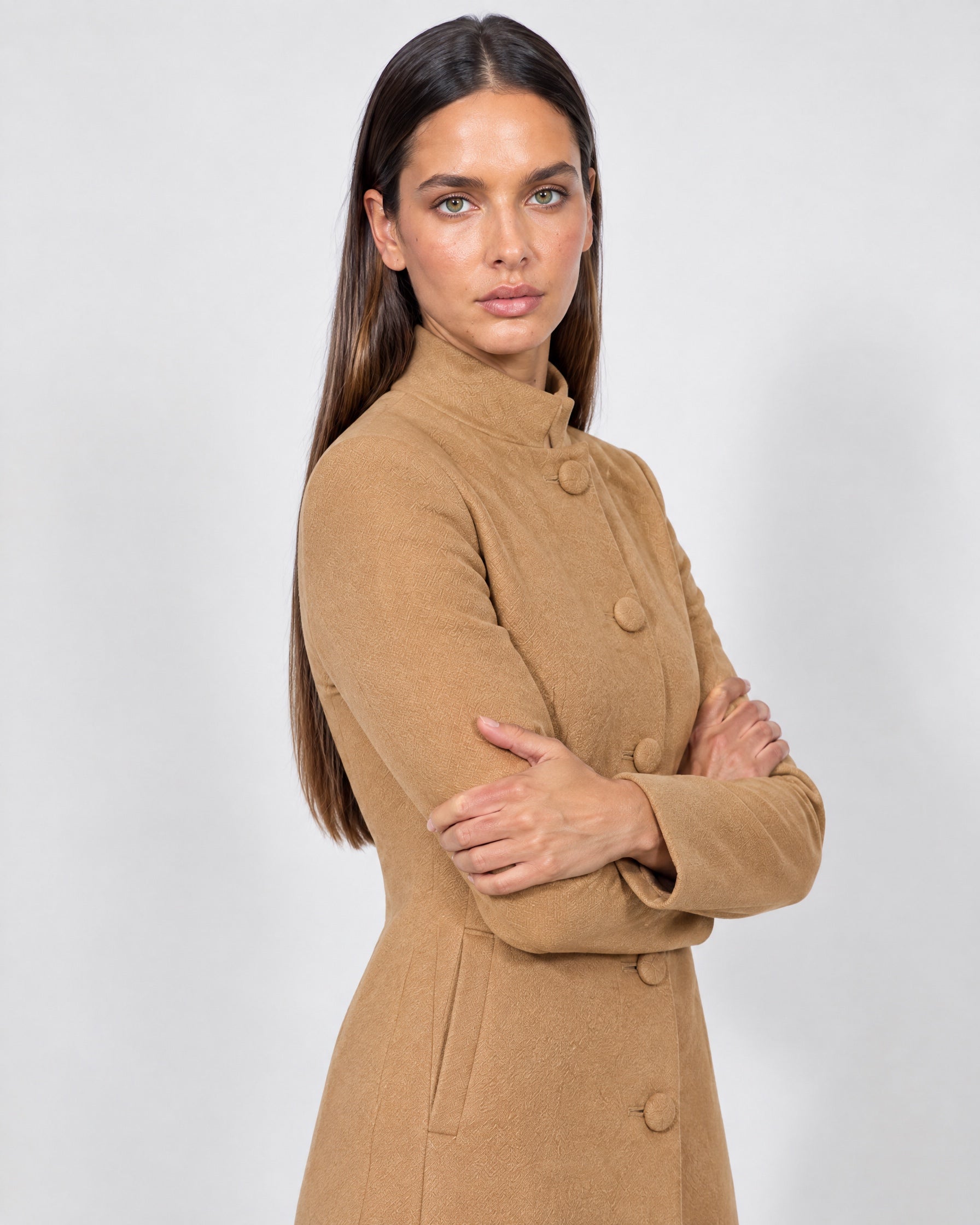 Camel Tailored Coat High Neck Button Front Womens Coat with Stand Collar and Pockets