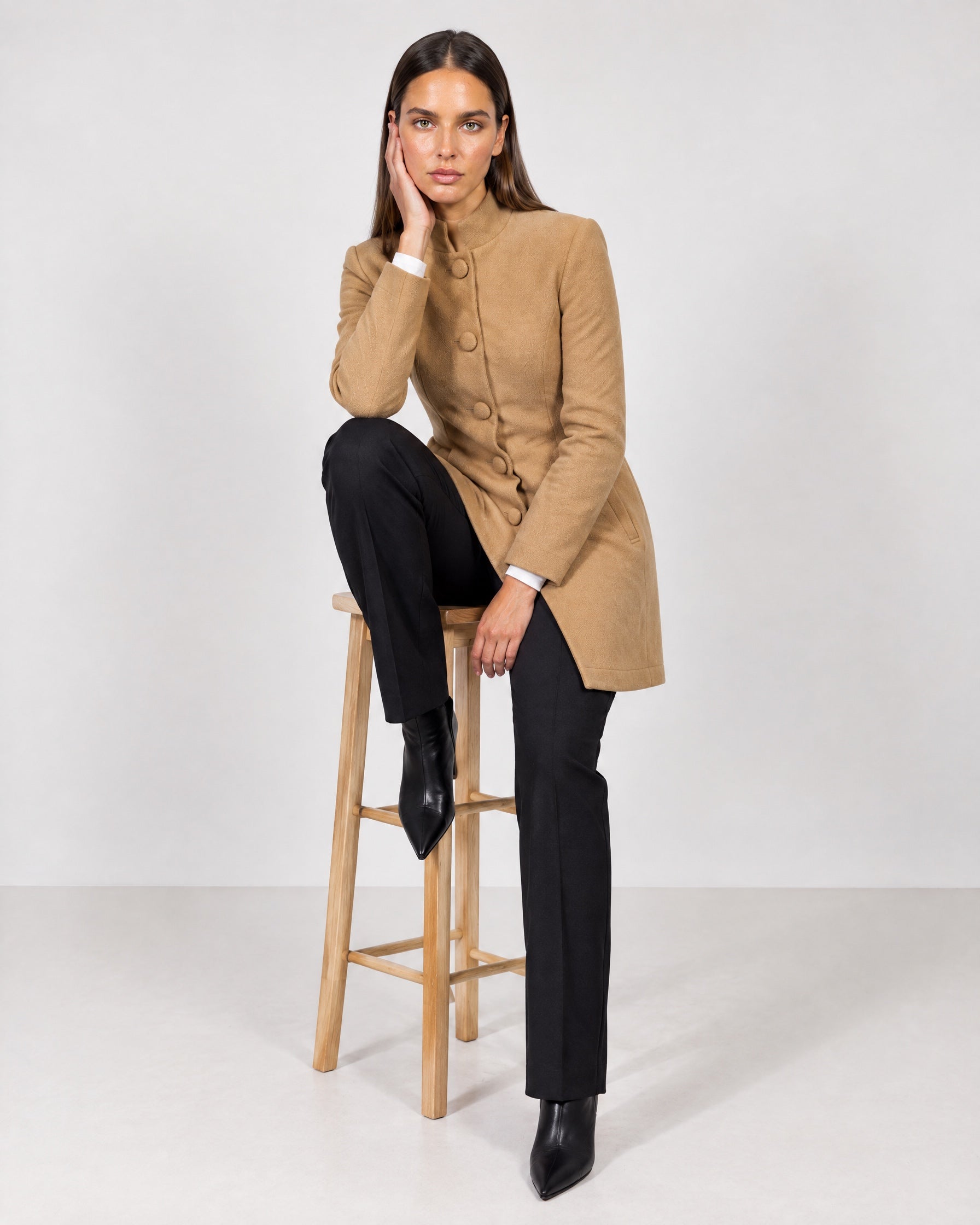 Camel Tailored Coat High Neck Button Front Womens Coat with Stand Collar and Pockets